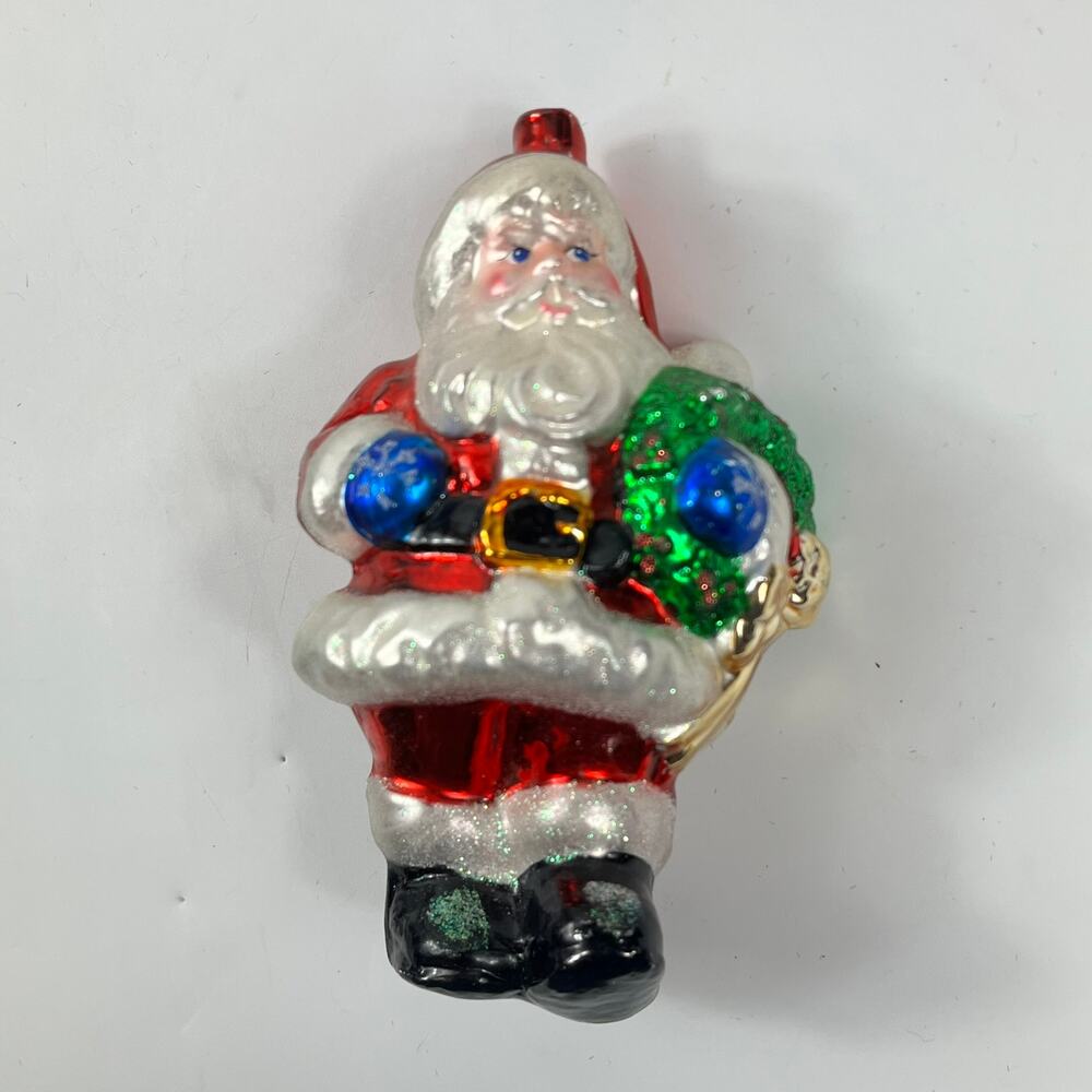 Vintage 5.5″ Santa Claus Mouthblown Glass Ornament Red Suit Wreath NO CAP